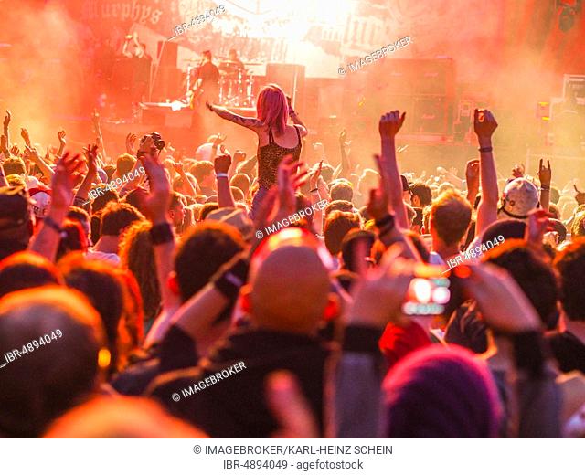 Cheering audience at a concert during the Nova Rock Festival, Nickelsdorf, Burgenland, Austria, Europe