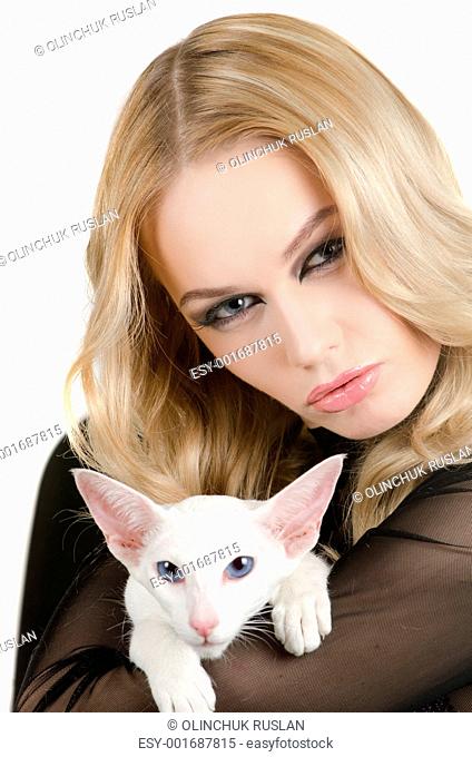 woman with oriental shorthair cat