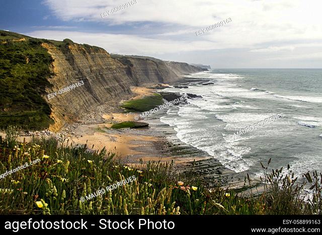 Landscape view of the beautiful rocky beach of Magoito, located in Sintra, Portugal