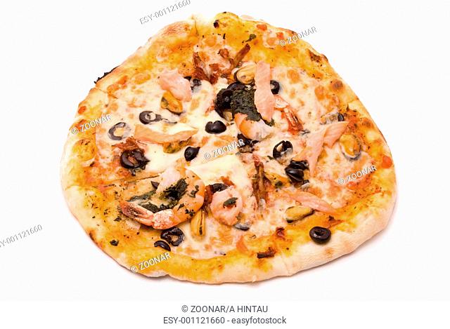 Pizza with cheese, sauce a mafia, a cream from artichokes, shrimps, mussels, olives, sauce of Pesto, tomatoes dried and a salmon smoked