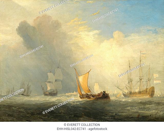 Rotterdam Ferry-Boat, by Joseph Mallord William Turner, 1833, British painting, oil on canvas. The small passenger ferry seems vulnerable against the waves