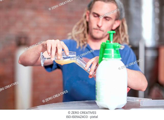 Man in microbrewery quality checking craft beer
