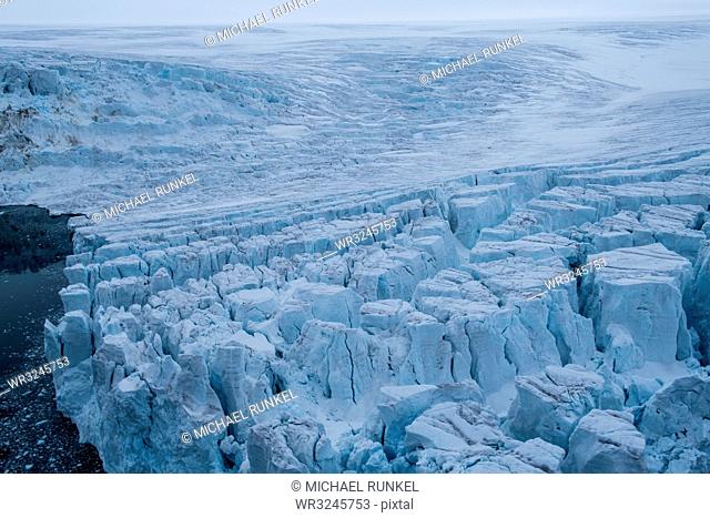 Aerial of the massive glacier of Alexandra Land, Franz Josef Land archipelago, Arkhangelsk Oblast, Arctic, Russia, Europe