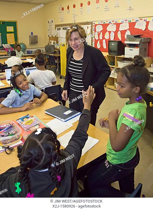 Detroit, Michigan - Randi Weingarten, president of the American Federation of Teachers, visits a third grade class at the Palmer Park Preparatory Academy...