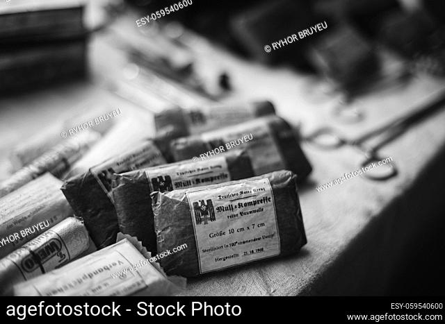 Old Packages German Deutsch Wehrmacht Medical Bandage From Times Of World War II. WW2 WWII. Black And White. Wehrmacht Medical Equipment