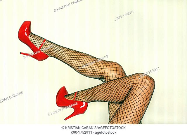 Legs, Red high heels, Stockings, Wallpaper as background