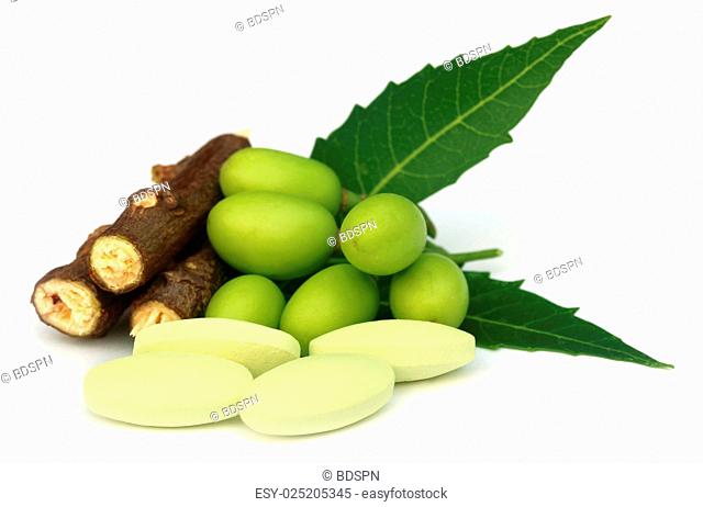 Medicinal neem fruits with tablets