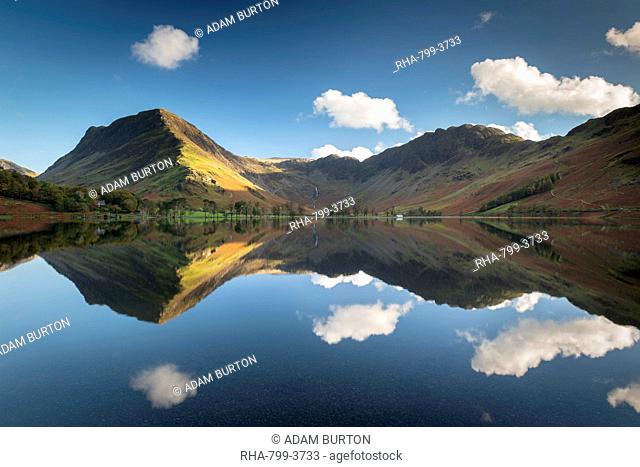 Perfect reflections on a tranquil Buttermere in the Lake District National Park, UNESCO World Heritage Site, Cumbria, England, United Kingdom, Europe