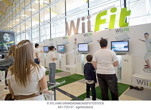 Wii Fit video game stand at T4 new Barajas airport terminal. Madrid, Spain
