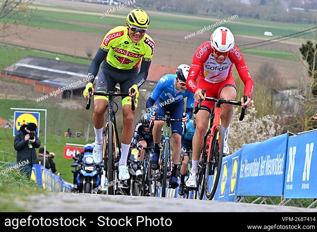 Dutch Mathijs Paasschens of Bingoal-WB and Belgian Jelle Wallays of Cofidis pictured in action during the 105th edition of the 'Ronde van Vlaanderen - Tour des...