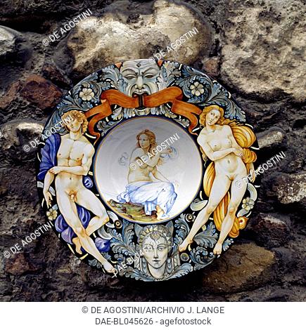 Venus and Adonis, decorations on ceramic plates, Ascoli Piceno, Marche, Italy