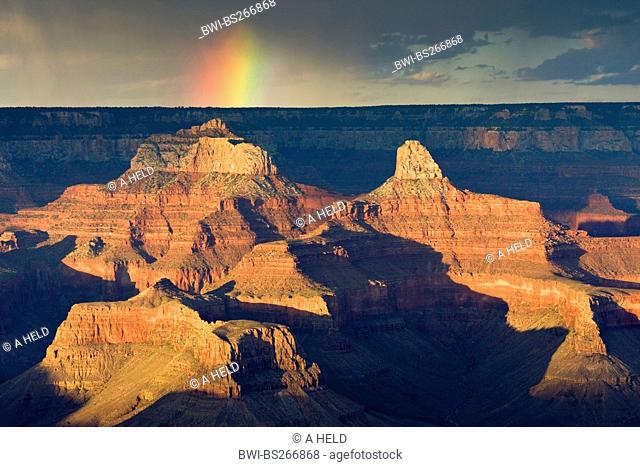 rainbow and thunderclouds over the northern edge of the Grand Canyon , USA, Arizona, Grand Canyon National Park