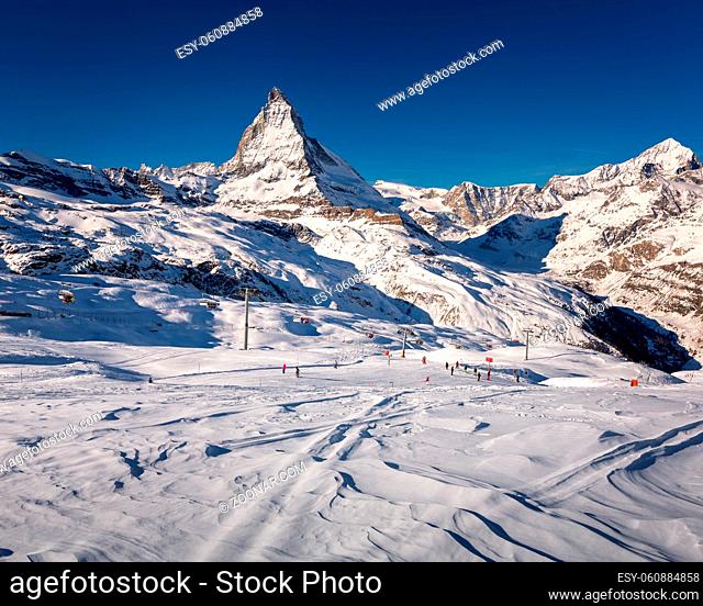 Sunny Ski Slope and Matterhorn Peak in Zermatt, Switzerland