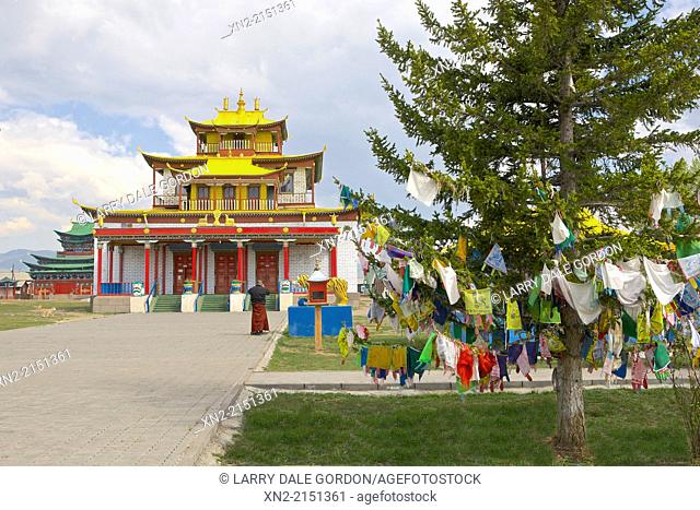 Buddhist prayer flags blow in the wind at the Ivolginsky Datsan temple, built in 1945, in the village of Verkhnyaya Ivolga, near Ulan Ude, Buryatia, Siberia