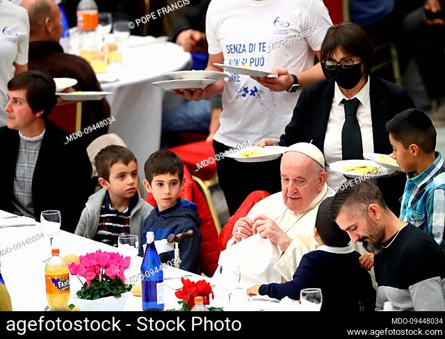 Pope Francis during a lunch for 1.300 poor people, assisted by Caritas Rome and the St. Egidio Community, on the occasion of the 6th World Day of the Poor in...