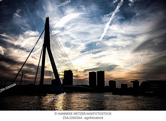 Sunset skyline of the Erasmus Bridge Rotterdam, the Netherlands