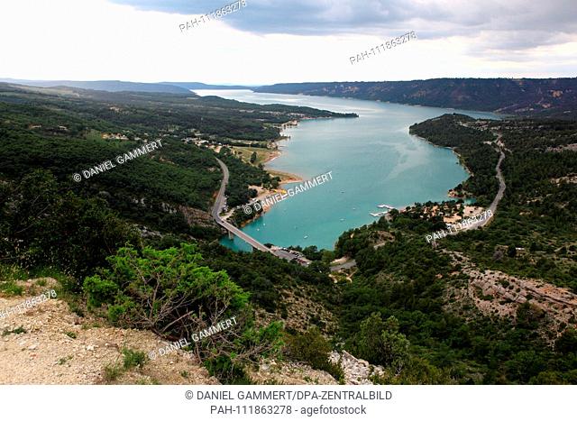 View over the reservoir Lac de Sainte-Croix at the Verdon Gorge in the south of France. Looking east into the gorge, at the beginning you can see the bridge of...