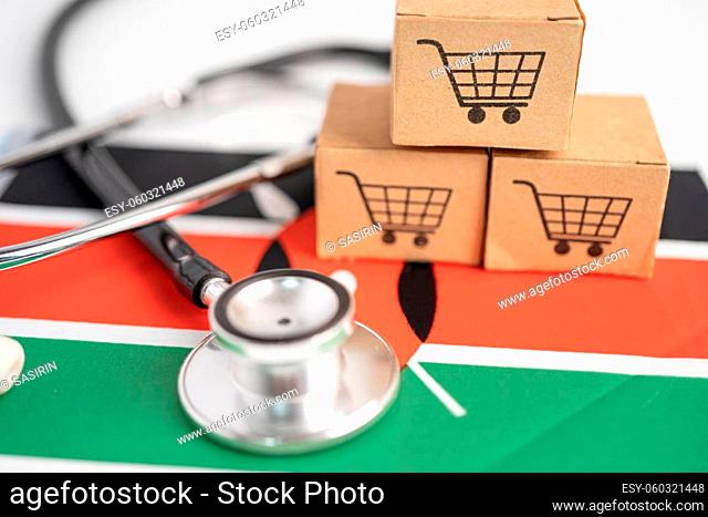 Shopping cart logo with Kenya flag, Shopping online Import Export eCommerce finance business concept. flag, Shopping online Import Export eCommerce finance...