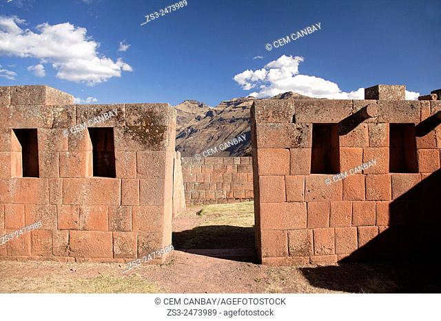Stone walls of ancient buildings at the Pisac Ruins of the Inca empire, Pisac, Cusco Region, Peru, South America