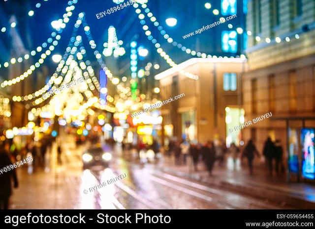 New Year Boke Lights Xmas Christmas Tree Decoration And Festive Illumination In . Natural Defocused Blue Bokeh Background Effect. Design Backdrop