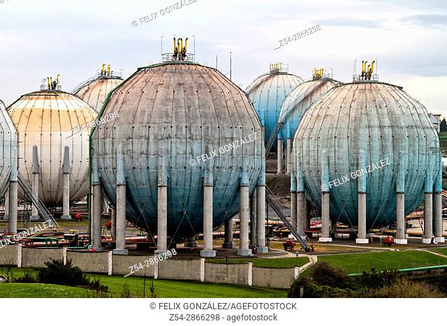 Butane gas tanks, ditribution plant at Campa Torres, El Musel port Gijón, Asturias, Spain