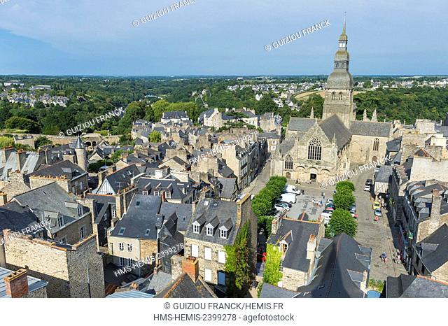 France, Cotes d'Armor, Dinan, panorama over the old town from the Clock Tower, 15th century belfry, 45 meters high, view over Saint Sauveur Basilica