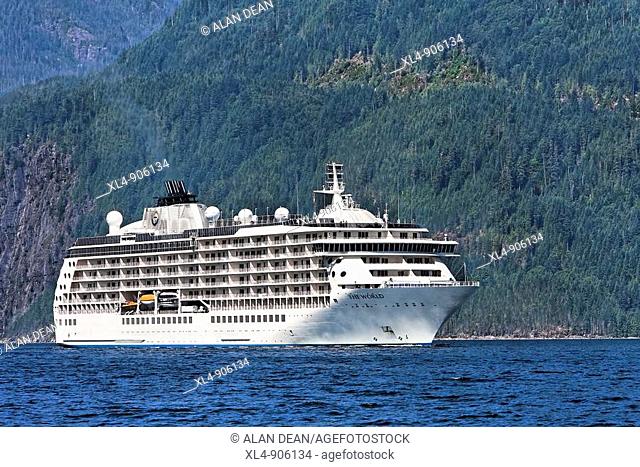 A cruise ship 'The World' makes way in the Jervis Inlet, a fjord in British Columbia, Canada