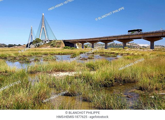 Portugal, Algarve, Castro Marim, Natural reserve of Sapal, Salt marshes and bridge to Spain over the Guadiana river