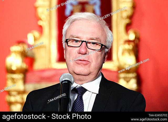 RUSSIA, MOSCOW - OCTOBER 17, 2023: Alexei Levykin, director of the State Historical Museum, speaks during the opening of an exhibition titled ""Peterhof