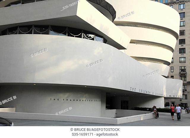 The exterior view of Solomon R  Guggenheim Museum from Fifth Avenue in upper town Manhattan  New York City  USA