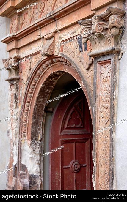 Europe, Germany, Saxony-Anhalt, Quedlinburg. Detail of the ornate portal of the Fleischhof (Adelshof of the Counts of Falkenstein)