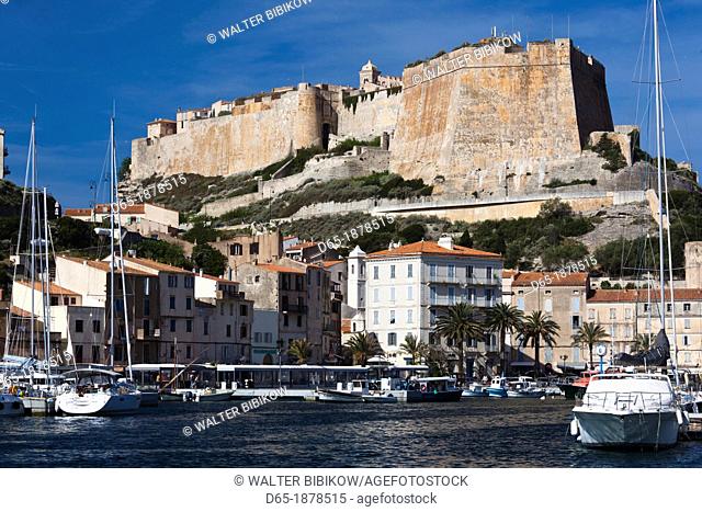France, Corsica, Corse-du-Sud Department, Corsica South Coast Region, Bonifacio, port and Citadel, morning