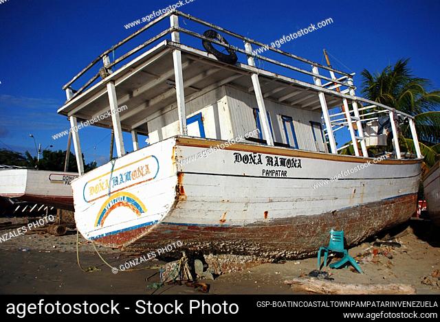 Boat in coastal town Pampatar on Isla Margarita in Venezuela