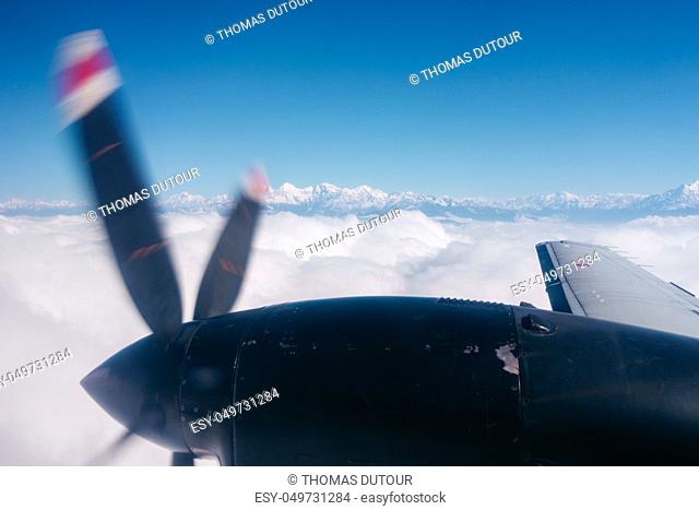 The Himalayas from a propeller plane, Nepal. Flight Kathmandu to Pokhara