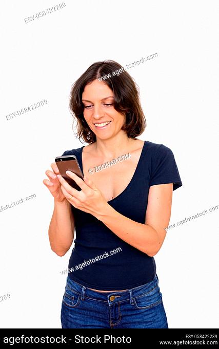 Studio shot of beautiful woman with short hair isolated against white background