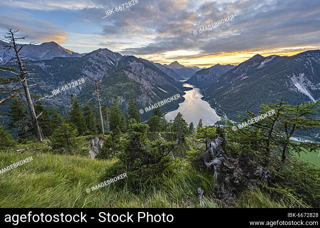 View from the summit of Schönjöchl, evening mood, Plansee with mountains, Tyrol, Austria, Europe