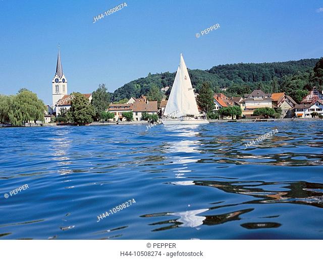10508274, Switzerland, Europe, Thurgau, lake Constance, lake, sea, Untersee, Berlingen, view, village, water, sail boat