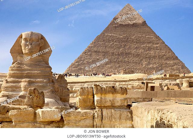 Egypt, Giza, Pyramids of Giza. The Great Sphinx and the Khafre Pyramid in Giza