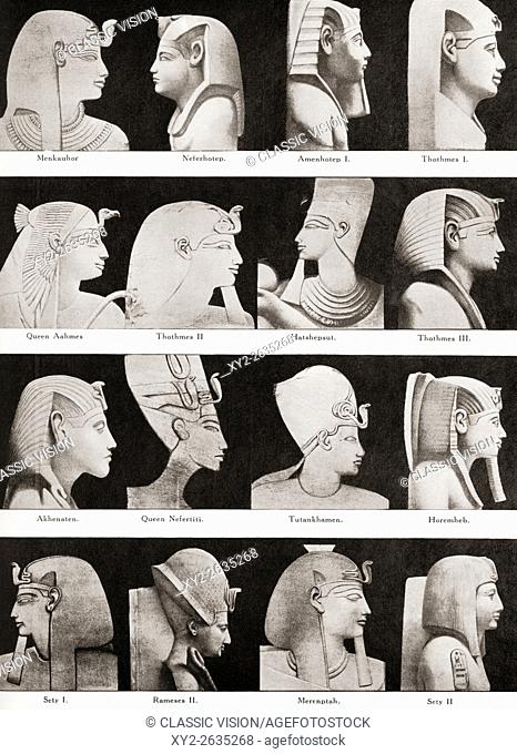 Leading kings and queens of ancient Egypt. From top left to right; Menkauhor. Neferhotep. Amenhotep I. Thothmes I. Queen Aahmes. Thothmes II