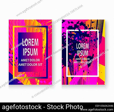 Artistic cover frame design paint splatter set vector illustration. Neon blurred pink blue yellow color gradient. Abstract texture geometric pattern trend...