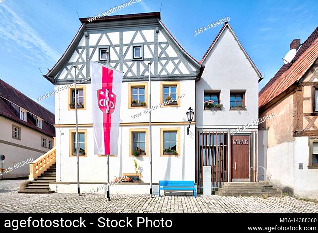town hall, half-timbered house, house facade, marketplace, village view, autumn, Wipfeld, Franconia, Bavaria, Germany, Europe