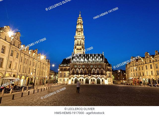 France, Pas de Calais, Arras, Place des Heros, Town Hall at night topped with its 77 meters belfry listed as World Heritage by UNESCO
