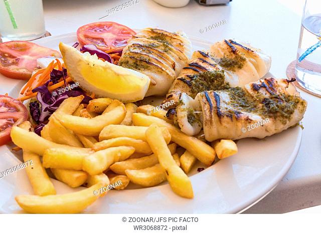 Grilled squid with french fries