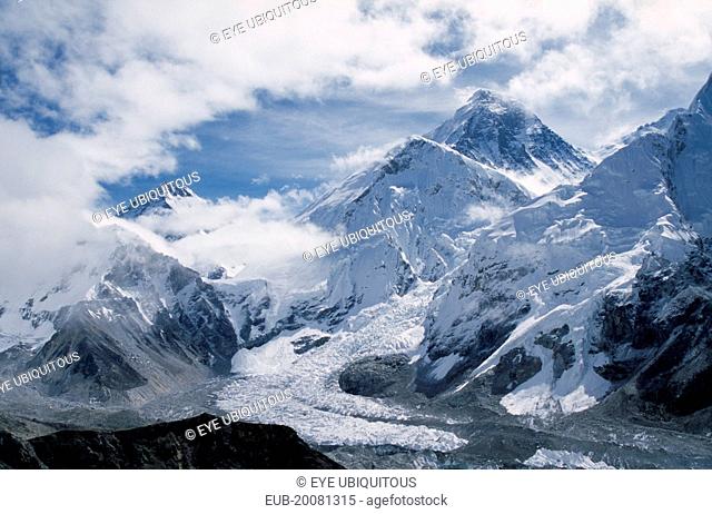 Southwest face of Mount Everest and Khumbu icefall and glacier from Kala Patthar in May