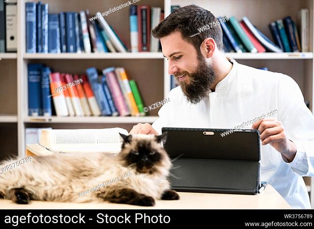 Veterinarian doctor with cat beside him looking up medical information in library