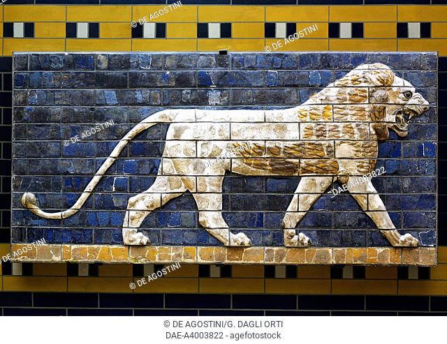 A lion, detail from glazed brick tiles depicting mythological animals that adorned the Processional Way to the Ishtar Gate in Babylon during the reign of...