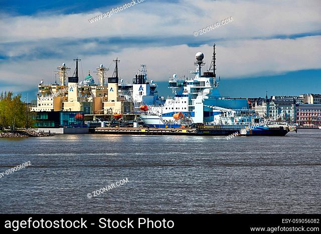 view on icebreaker fleet near capitol of Finnland city of Helsinki with its islands and harbours