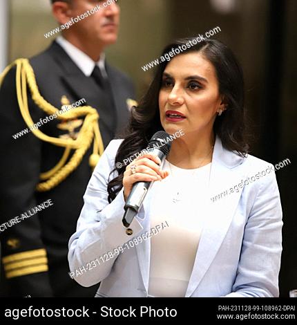 28 November 2023, Ecuador, Quito: Veronica Abad, new Vice President of Ecuador, speaks at a press conference. In the midst of internal tensions