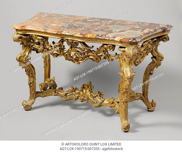 Console table Wall table, Gilt oak wall table, resting on four angled legs, which are formed by a stretched and a smaller C-volute and are connected by an...