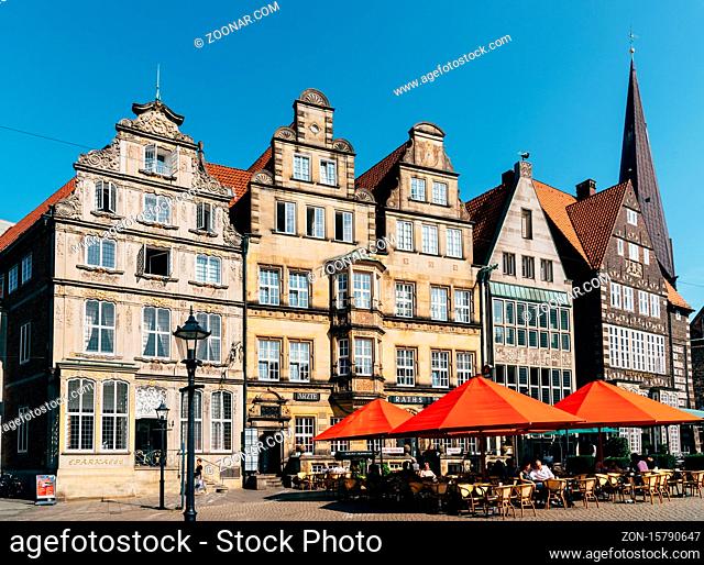 Bremen, Germany - August 7 2019: Historical centre of the medieval Hanseatic City of Bremen. Market Square at night